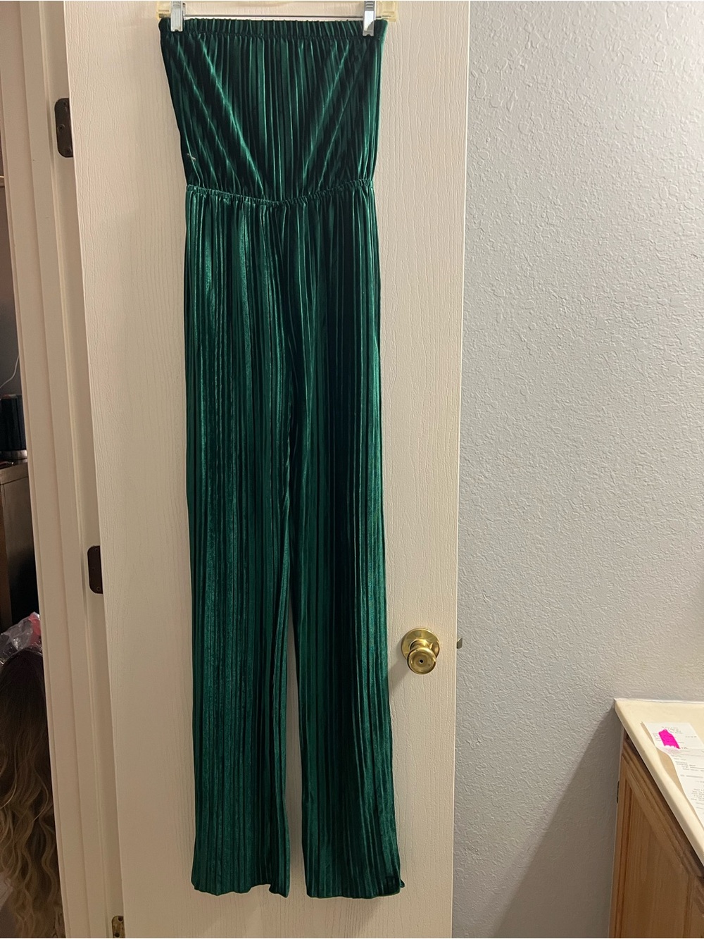 Fashion Nova Emerald Green Strapless Pleated Jumpsuit